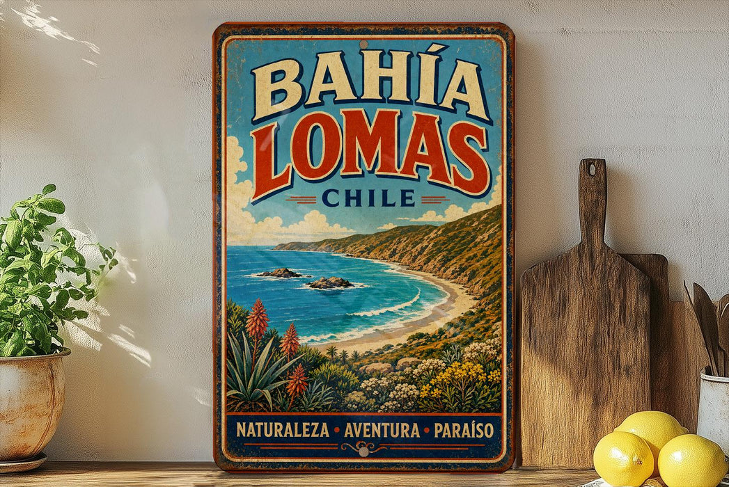 A vintage-style poster advertising Bahía Lomas, Chile, featuring a scenic coastal landscape with mountains, a beach, and a blue sky with clouds.