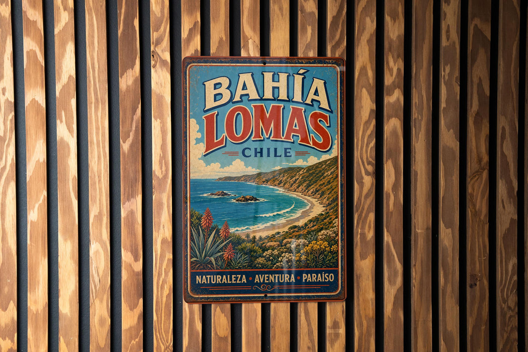 A vintage metal sign with the text "BAHIA LOMAS CHILE" displayed prominently in the center, featuring a scenic coastal landscape with mountains, palm trees, and a beach.
