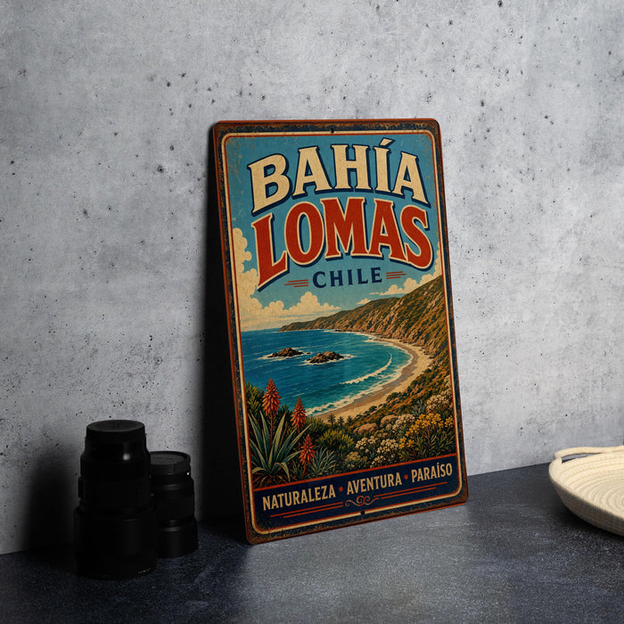 A vintage-style metal sign for Bahia Lomas, Chile, featuring a scenic coastal landscape with mountains, palm trees, and the ocean.