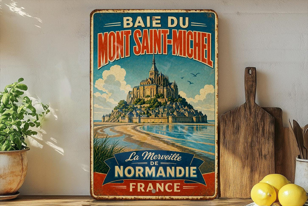 A vintage-style metal sign advertising the town of Mont Saint-Michel in France, featuring a castle and beach landscape.
