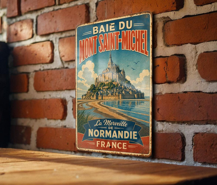 A vintage metal sign with the text "BAIE DU MONT SAINT-MICHEL" and "La Merveille" is displayed on a brick wall.