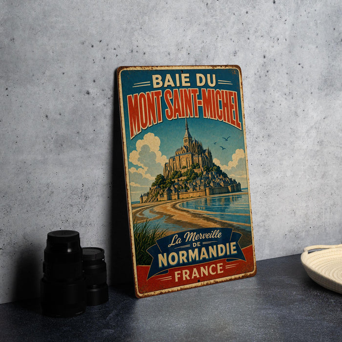 A vintage metal sign advertising the town of Mont Saint-Michel in France, featuring an illustration of the town and its surrounding landscape.