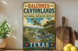 a vintage-style sign for the Balcones Canyonlands National Wildlife Refuge in Texas, with a painting of a bird in flight and a scenic landscape.