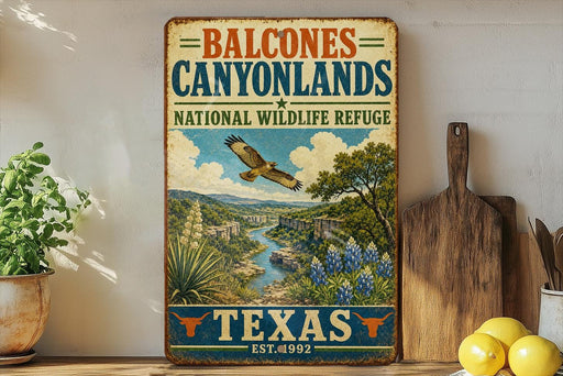 a vintage-style sign for the Balcones Canyonlands National Wildlife Refuge in Texas, with a painting of a bird in flight and a scenic landscape.
