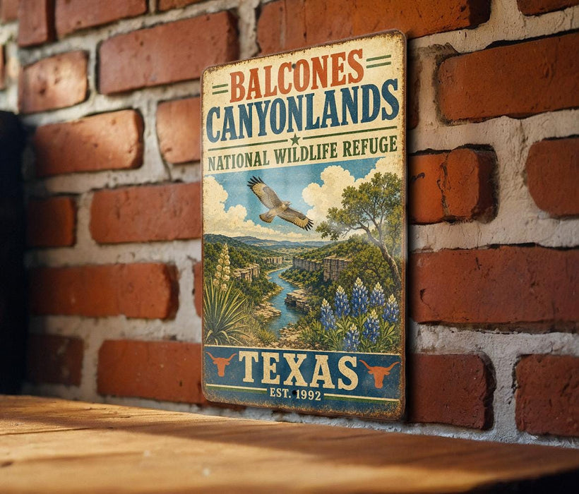A vintage-style metal sign for the Balcones Canyonlands National Wildlife Refuge in Texas, featuring an illustration of the landscape and wildlife.