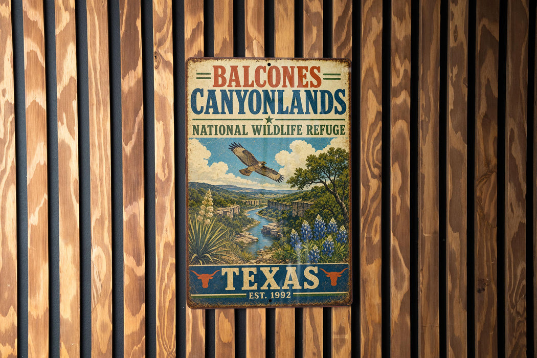 A vintage metal sign for Balcones Canyonlands National Wildlife Refuge in Texas, featuring an illustration of a scenic landscape with a bird in flight.
