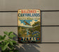 a vintage-style sign for the Balcones Canyonlands National Wildlife Refuge in Texas, with a bird in flight and a scenic landscape.