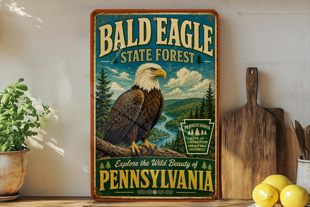 A vintage-style metal sign for the Bald Eagle State Forest in Pennsylvania, featuring an illustration of a bald eagle perched on a tree branch with a scenic background.