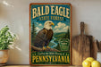 A vintage-style metal sign for the Bald Eagle State Forest in Pennsylvania, featuring an illustration of a bald eagle perched on a tree branch with a scenic background.