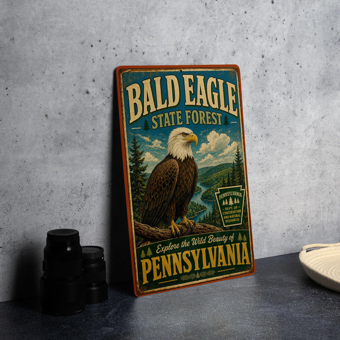 A vintage-style metal sign for the Bald Eagle State Forest in Pennsylvania, featuring an image of a bald eagle perched on a tree branch.