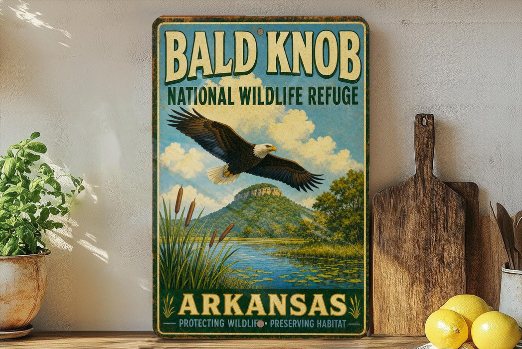 A vintage-style metal sign for the Bald Knob National Wildlife Refuge in Arkansas, featuring an eagle in flight over a scenic landscape.