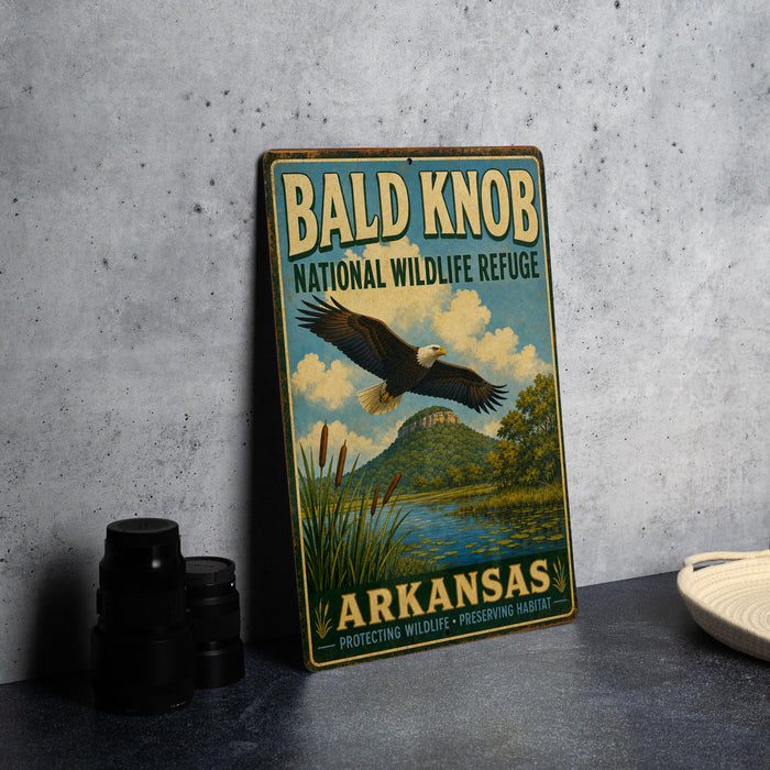 A vintage metal sign for the Bald Knob National Wildlife Refuge in Arkansas, featuring an eagle in flight and a scenic landscape.