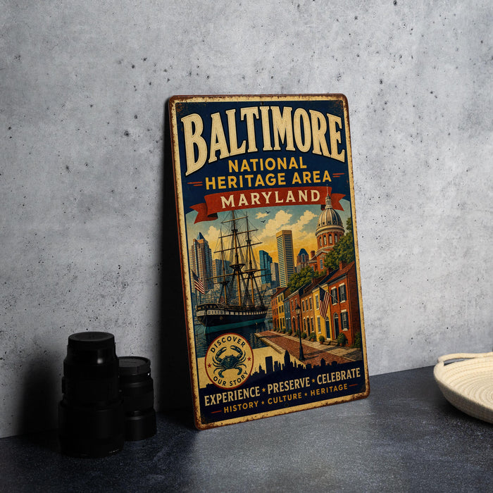 A vintage metal sign for the Baltimore National Heritage Area in Maryland, featuring an illustration of the city skyline and a ship, is displayed on a gray concrete surface.