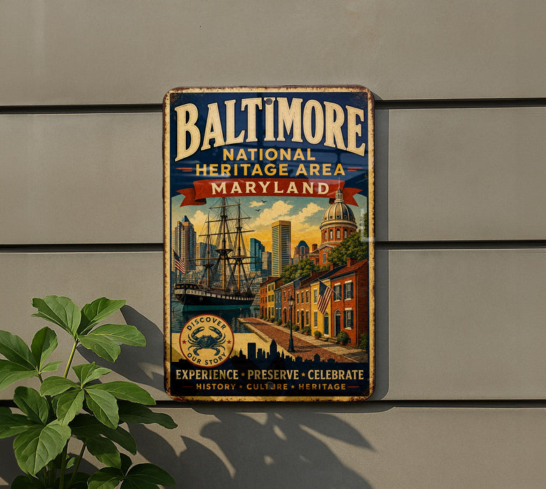 A vintage metal sign for the Baltimore National Heritage Area in Maryland, featuring an illustration of the city skyline and a ship, mounted on a wall.