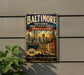 A vintage metal sign for the Baltimore National Heritage Area in Maryland, featuring an illustration of the city skyline and a ship, mounted on a wall.