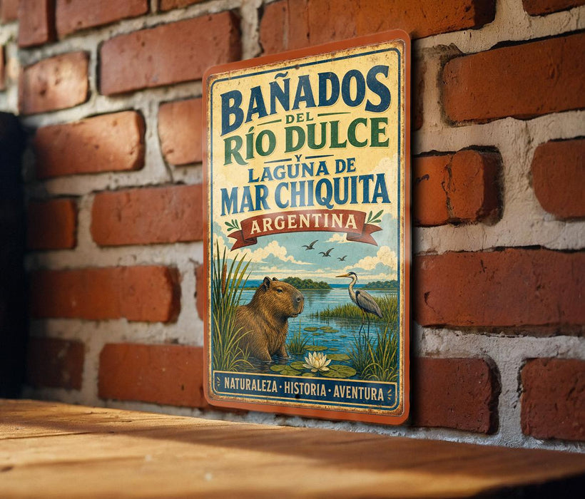 A vintage-style sign for Banados del Rio Dulce, Laguna de Mar Chiquita, and Argentina, featuring an illustration of a beaver and a bird in a natural setting.