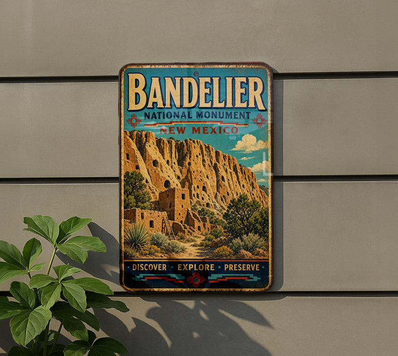 A vintage-style metal sign for the National Monument in New Mexico, featuring a desert landscape with a mountain in the background.