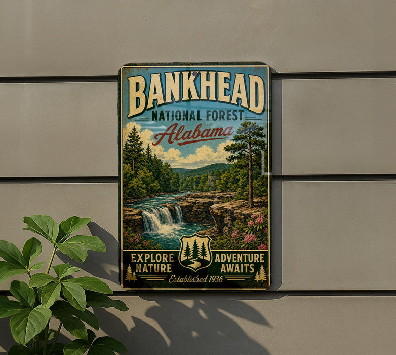 A vintage-style metal sign for the Bankhead National Forest in Alabama, featuring a scenic landscape with a waterfall and pine trees.