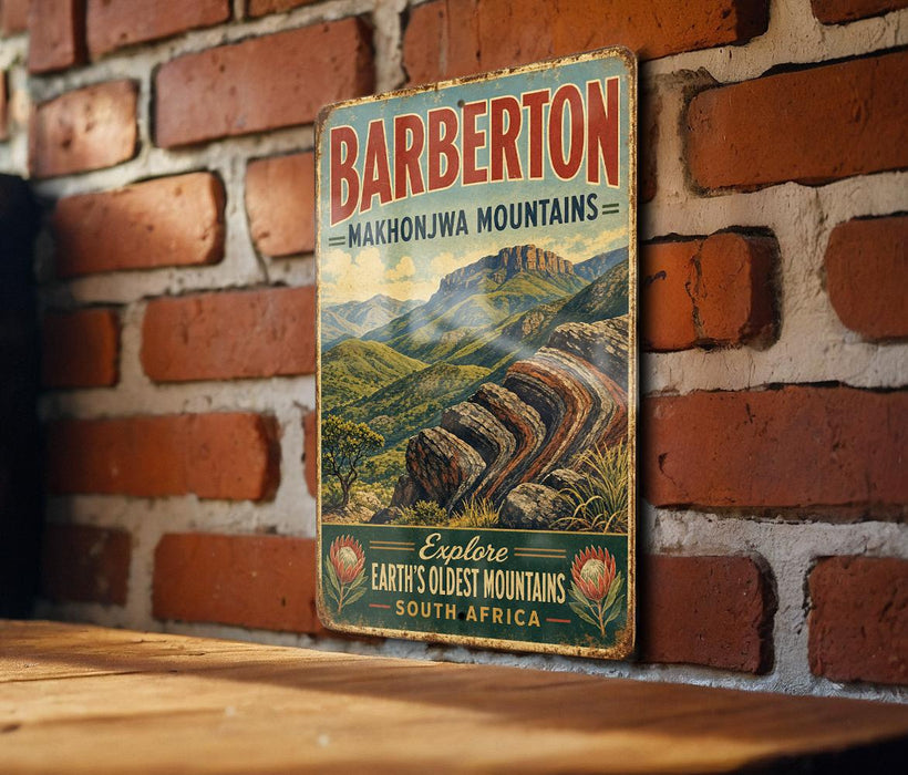 A vintage metal sign with the text "BARBETON MAKHONJWA MOUNTAINS" and "Explore Earth's Oldest Mountains SOUTH AFRICA" is displayed on a brick wall.