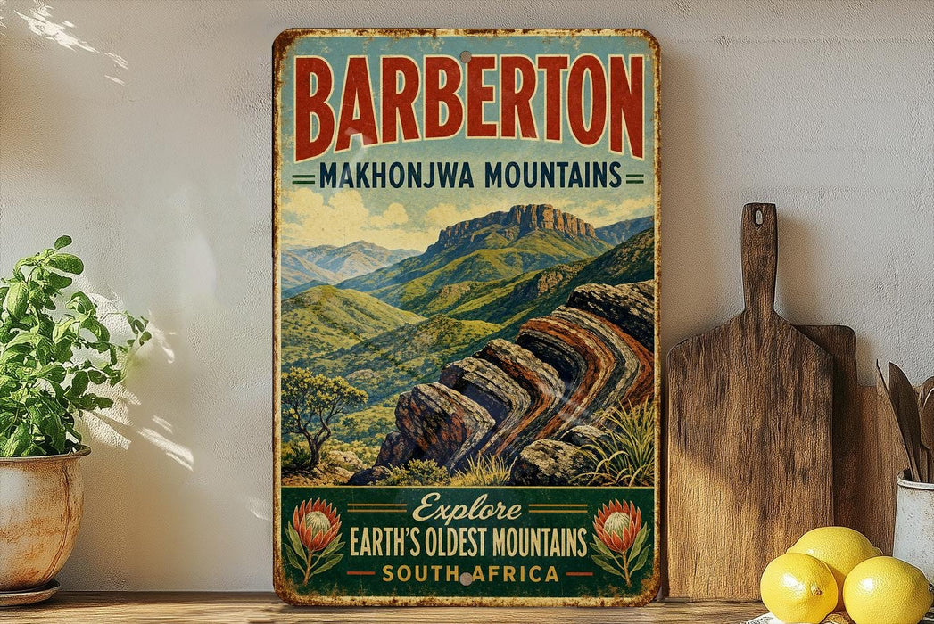 A vintage-style metal sign advertising Barberton, a mountain range in South Africa, with a scenic mountain landscape and text inviting viewers to explore the region's oldest mountains.