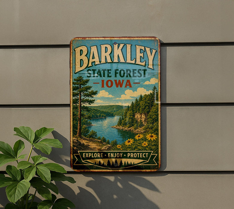 A vintage-style sign for the Barley State Forest in Iowa, featuring a scenic landscape with a river, trees, and mountains.