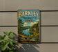 A vintage-style sign for the Barley State Forest in Iowa, featuring a scenic landscape with a river, trees, and mountains.
