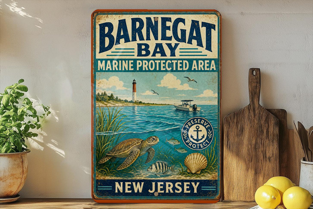 A vintage-style metal sign for Barnegat Bay, New Jersey, featuring a lighthouse, turtle, and other marine life, is displayed on a shelf next to a wooden cutting board and a potted plant.