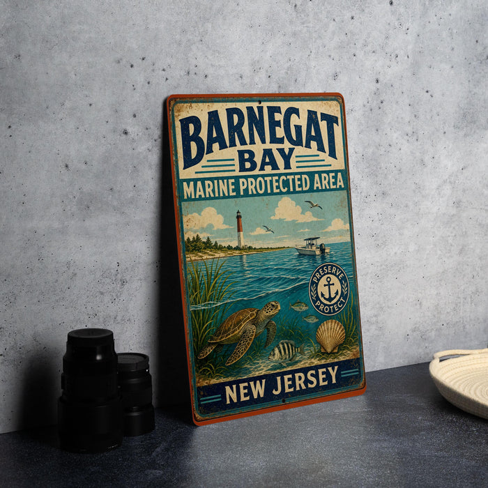 A vintage-style metal sign for the Barnegat Bay Marine Protected Area in New Jersey, featuring a lighthouse and marine life.