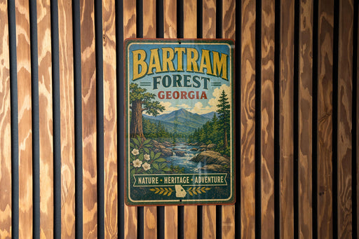A vintage-style metal sign for Bartram Forest in Georgia, featuring a scenic landscape with mountains, trees, and a river.