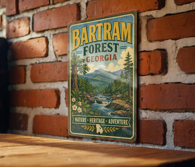 A vintage-style metal sign with the text "BARTRAM FOREST GEORGIA" and an illustration of a forest landscape with a river and mountains.