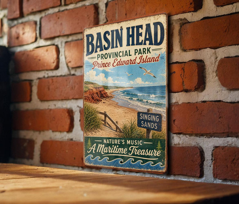 A vintage-style metal sign for "Basin Head" in Prince Edward Island, featuring a beach scene with a sign for "Singing Sands" and "Nature's Music A Maritime Treasure".