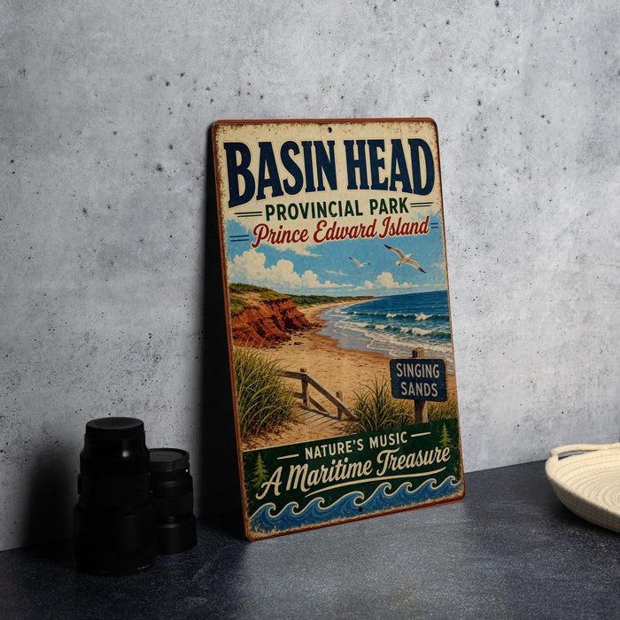 A vintage-style metal sign for Basin Head Provincial Park, Prince Edward Island, featuring a beach scene with a bird flying over the water.