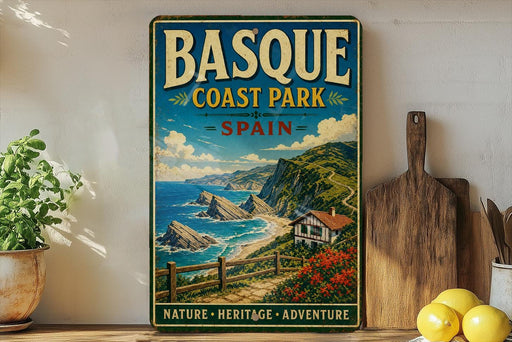 A vintage-style poster of Basque Coast Park in Spain, featuring a scenic coastal landscape with cliffs, a beach, and a small village.