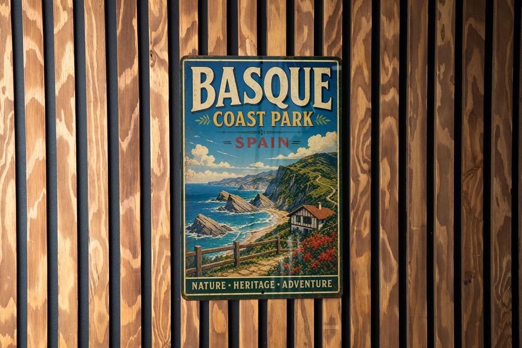 A vintage-style metal sign for Basque Coast Park, Spain, featuring a scenic coastal landscape with cliffs, a lighthouse, and a small village.