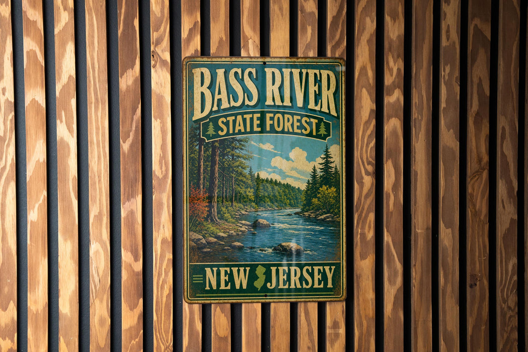 A vintage metal sign for Bass River State Forest in New Jersey, featuring a scenic illustration of a river surrounded by trees and mountains.