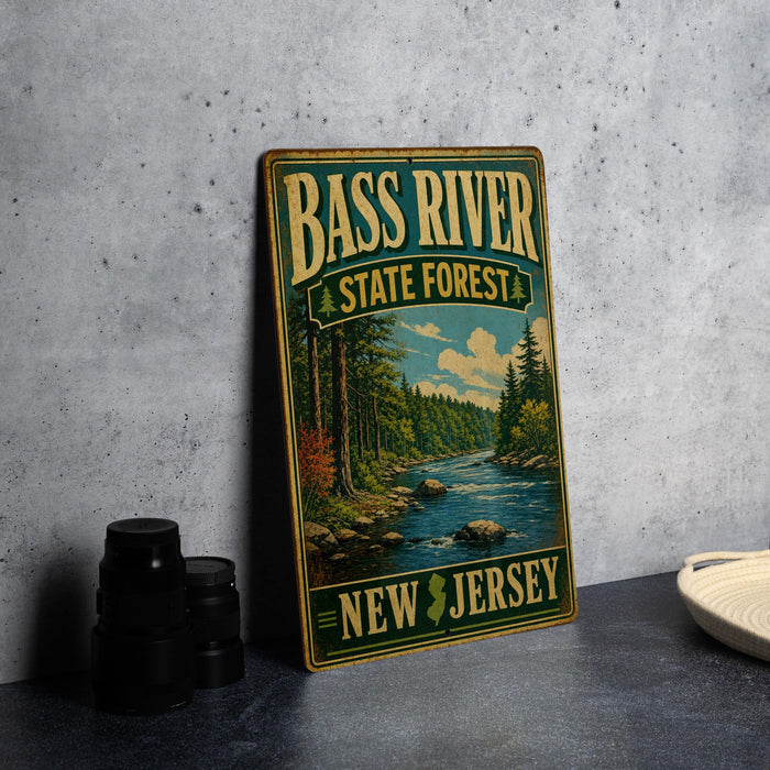 A vintage-style metal sign for Bass River State Forest in New Jersey, featuring a scenic illustration of a river surrounded by trees and mountains.