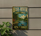 A vintage-style metal sign for Bass River State Forest in New Jersey, featuring a scenic image of a river surrounded by trees and mountains.
