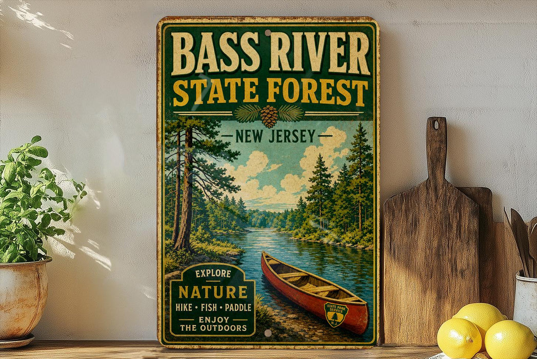 A vintage-style metal sign for Bass River State Forest in New Jersey, featuring a canoe on a river surrounded by pine trees.