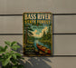 A vintage-style metal sign for Bass River State Forest in New Jersey, featuring a canoe and a scenic landscape.