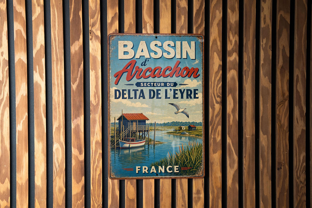 A vintage metal sign with the text "BASSIN d' Arcachon" and "SECTIEUR DU L'EYRE DELTA DE L'EYRE" is displayed on a wooden wall.