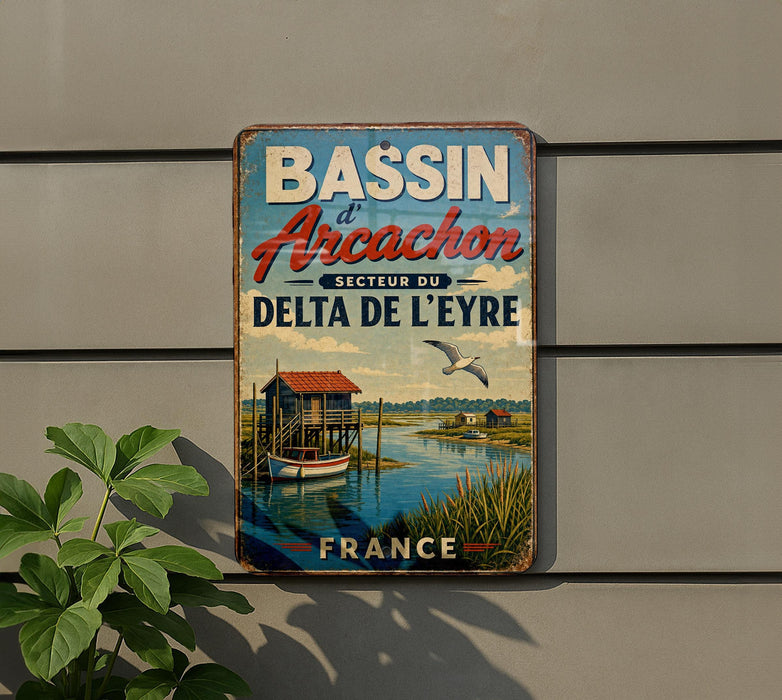 A vintage metal sign advertising the Bassin de Arcachon, a coastal town in France, with a scenic illustration of a boat on the water and a house on the shore.