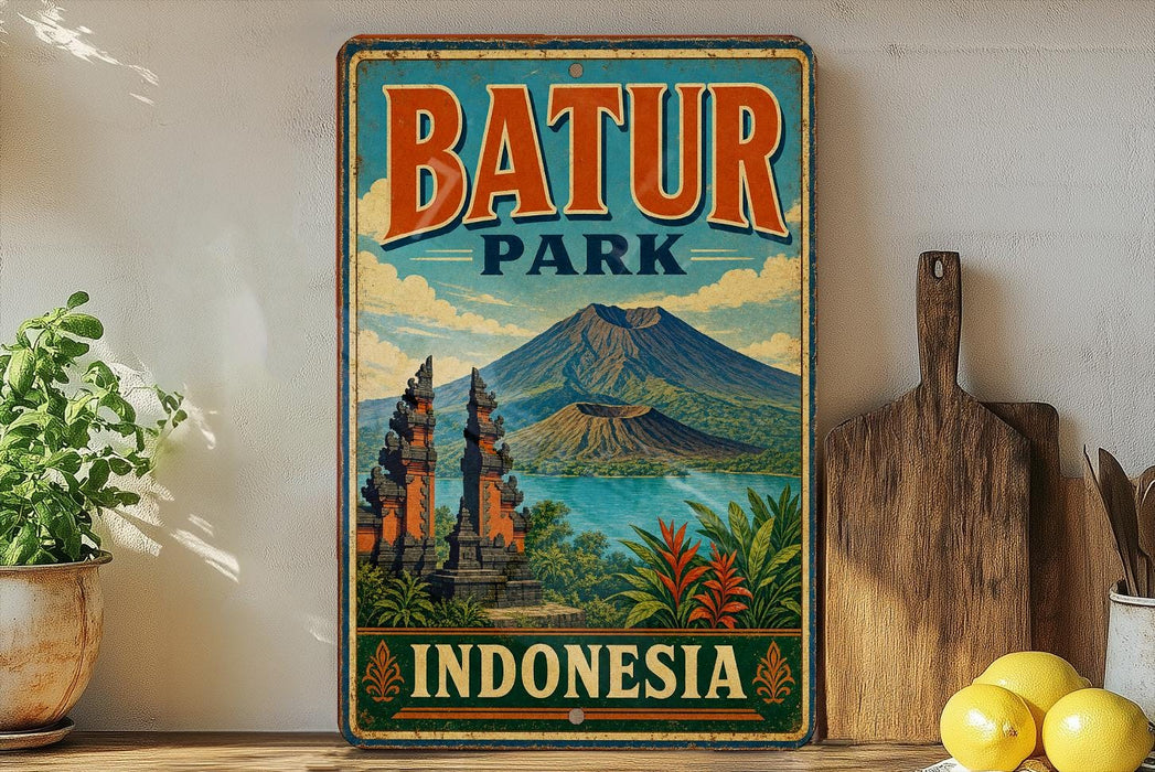 A vintage-style metal sign displaying the text "BATUR PARK INDONESIA" with an illustration of a tropical landscape featuring a mountain, temple, and water.