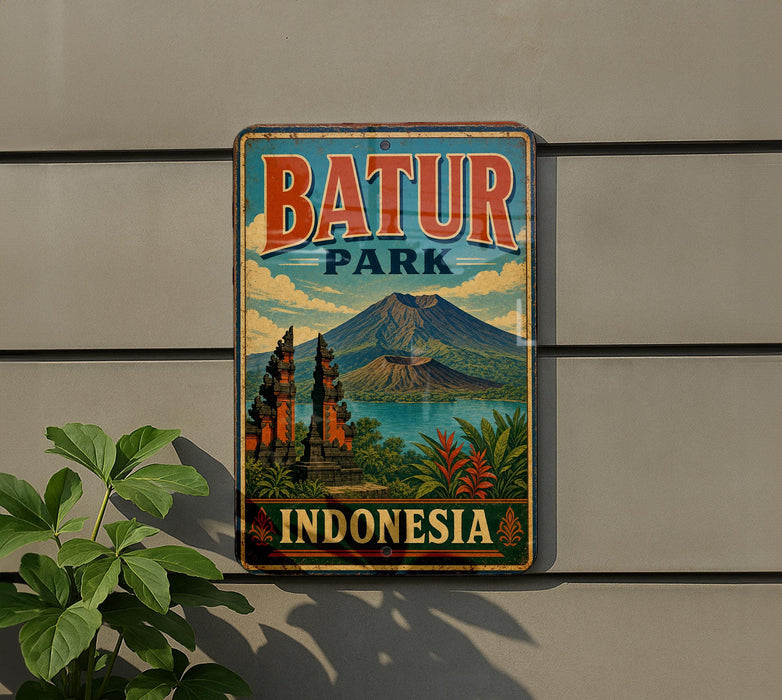 A vintage-style sign for Batur Park in Indonesia, featuring a mountain landscape with a temple and a lake.