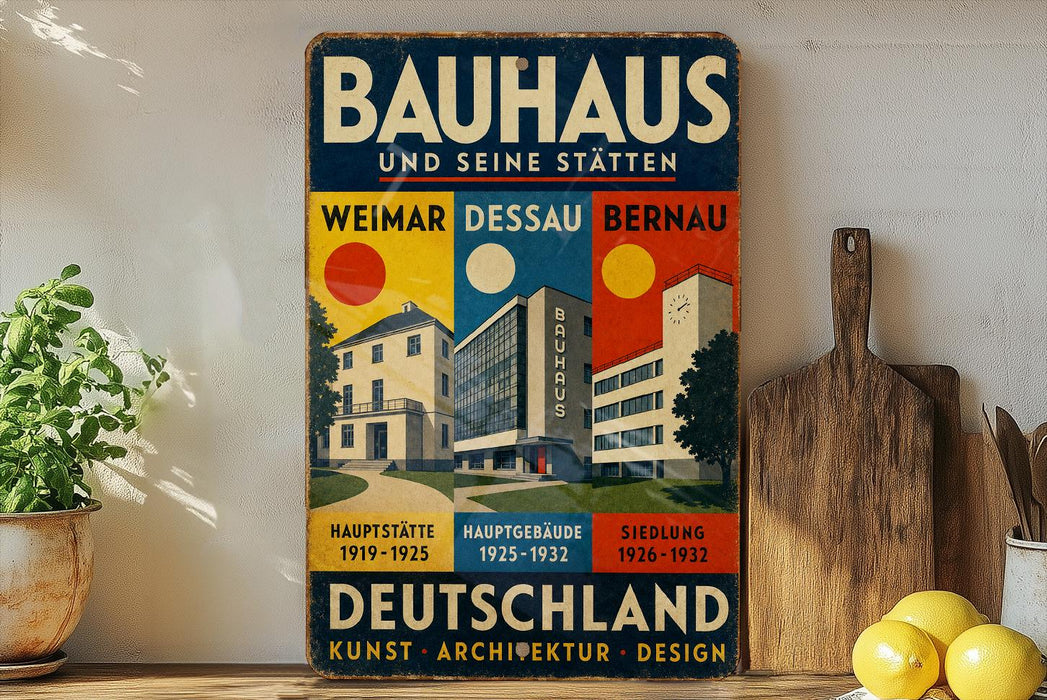 a vintage Bauhaus poster advertising the Bauhaus design school in Weimar, Bernau, and Deutschland.