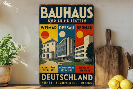 a vintage Bauhaus poster advertising the Bauhaus design school in Weimar, Bernau, and Deutschland.