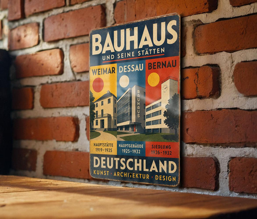 The image is a vintage-style poster advertising Bauhaus architecture, featuring a brick wall backdrop and a wooden table.