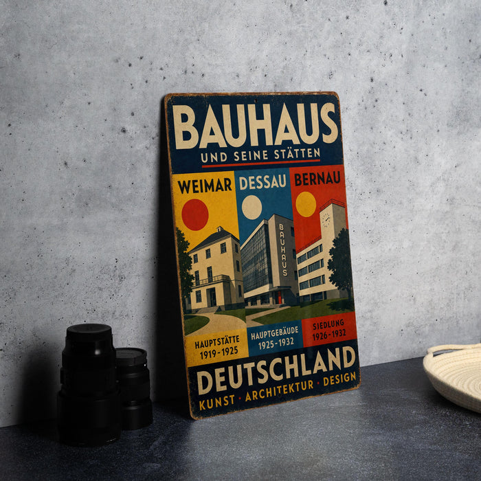 A vintage Bauhaus poster advertising the Weimar and Bernau exhibitions in Berlin, Germany, from 1925 to 1932.