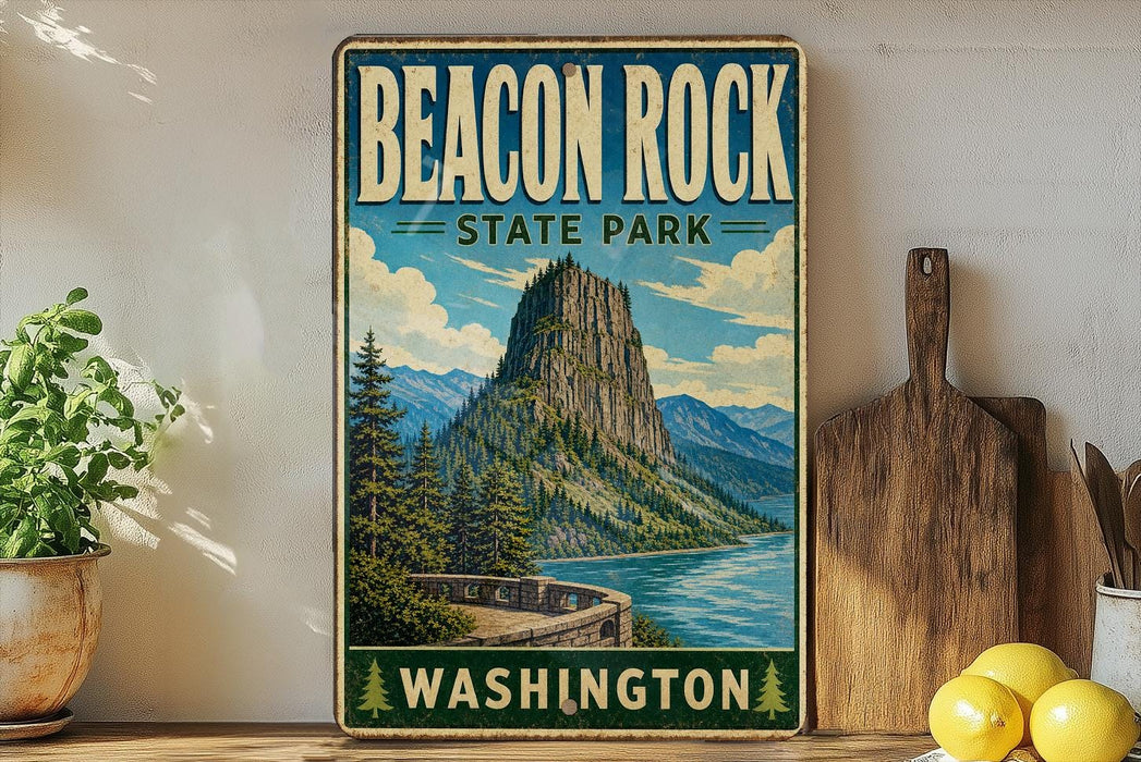 A vintage-style poster of Beacon Rock State Park in Washington, featuring a scenic mountain landscape with a river and forest.