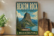 A vintage-style poster of Beacon Rock State Park in Washington, featuring a scenic mountain landscape with a river and forest.