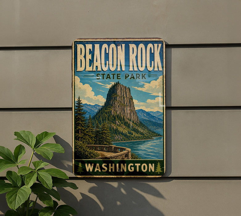 A vintage-style sign for Beacon Rock State Park in Washington, featuring a scenic mountain landscape with a lake and forest.
